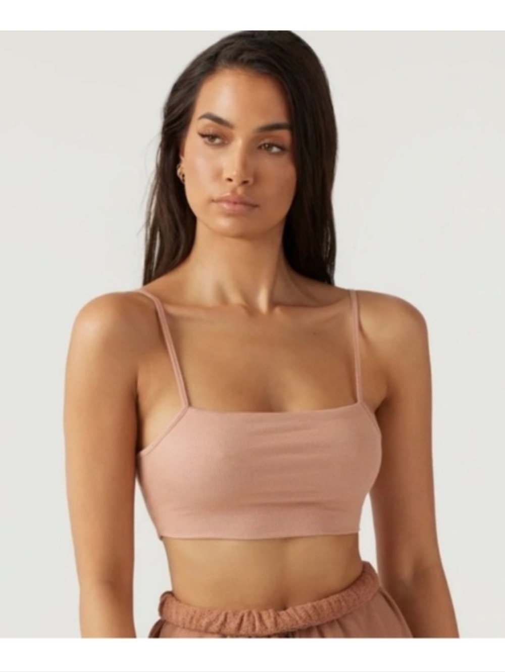 JOAH BROWN RIBBED SQUARE NECK TANK BRA TOP